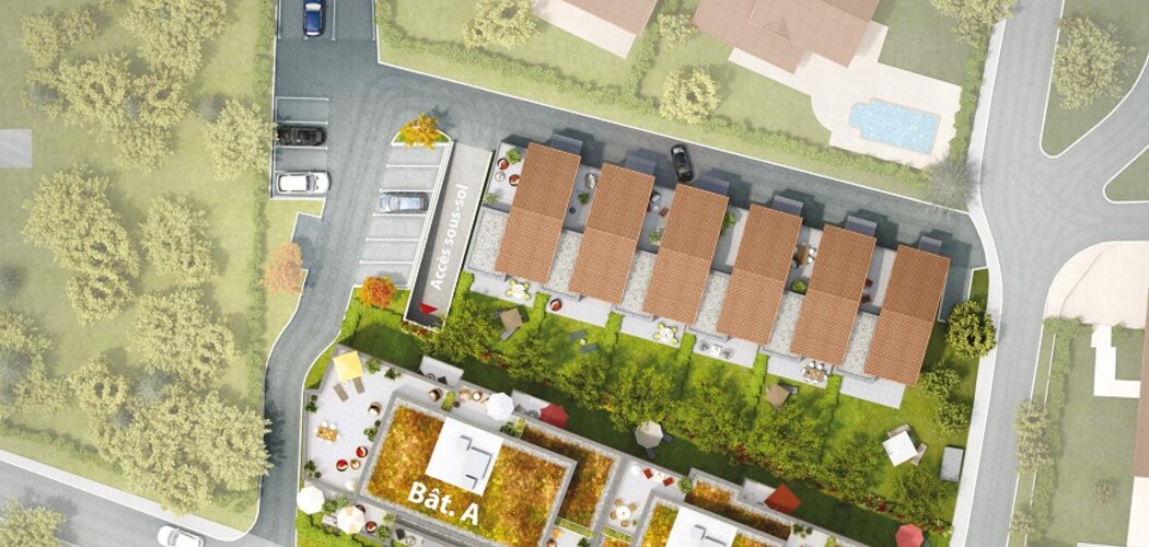 Programme immobilier neuf BLEU HORIZON - Pollionnay : Résidence T2–T5 avec espaces extérieurs et garages dans un environnement champêtre (69290) - Référence : 352